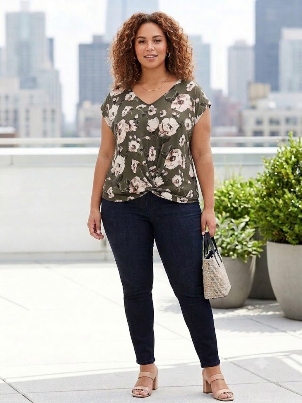 West Kei Floral Twist-Front Blouse Size 2X Olive Green V-Neck Short Sleeve - Picture 15 of 15